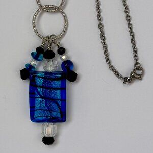 Necklace handmade 3 tier dangle silver turqoise black crystal glass beads OOAK